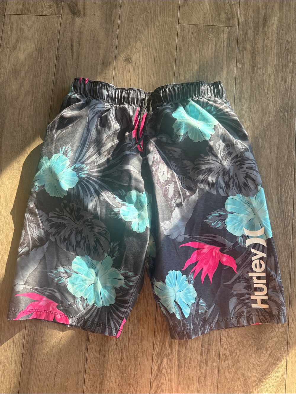 Hurley Black Swim Trunks with Teal & Pink Floral Design